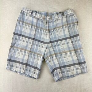 Preppy Burnside Plaid Shorts Mens Regular 38 Blue White Flat Front Cotton